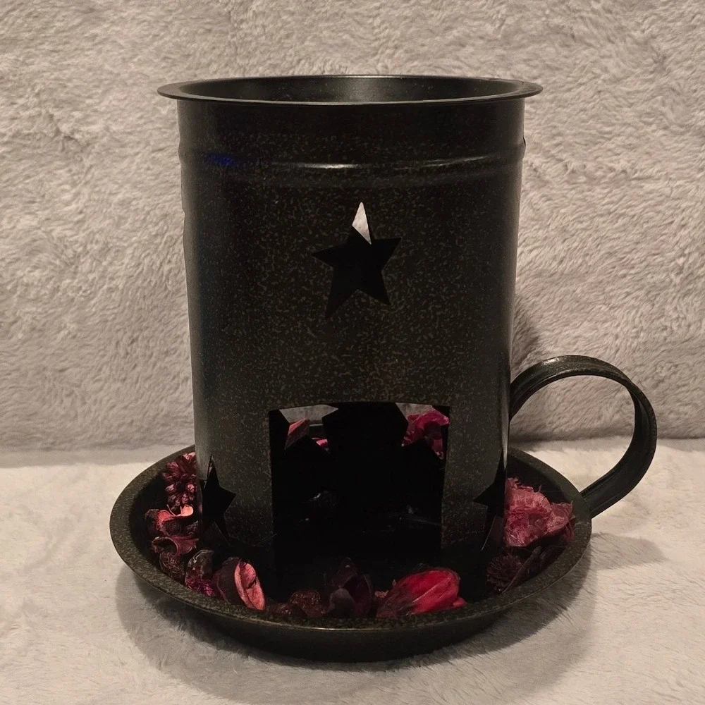 Primitive Black Metal Star Cutout Wax Warmer Tea Light Candle Holder Saucer Set